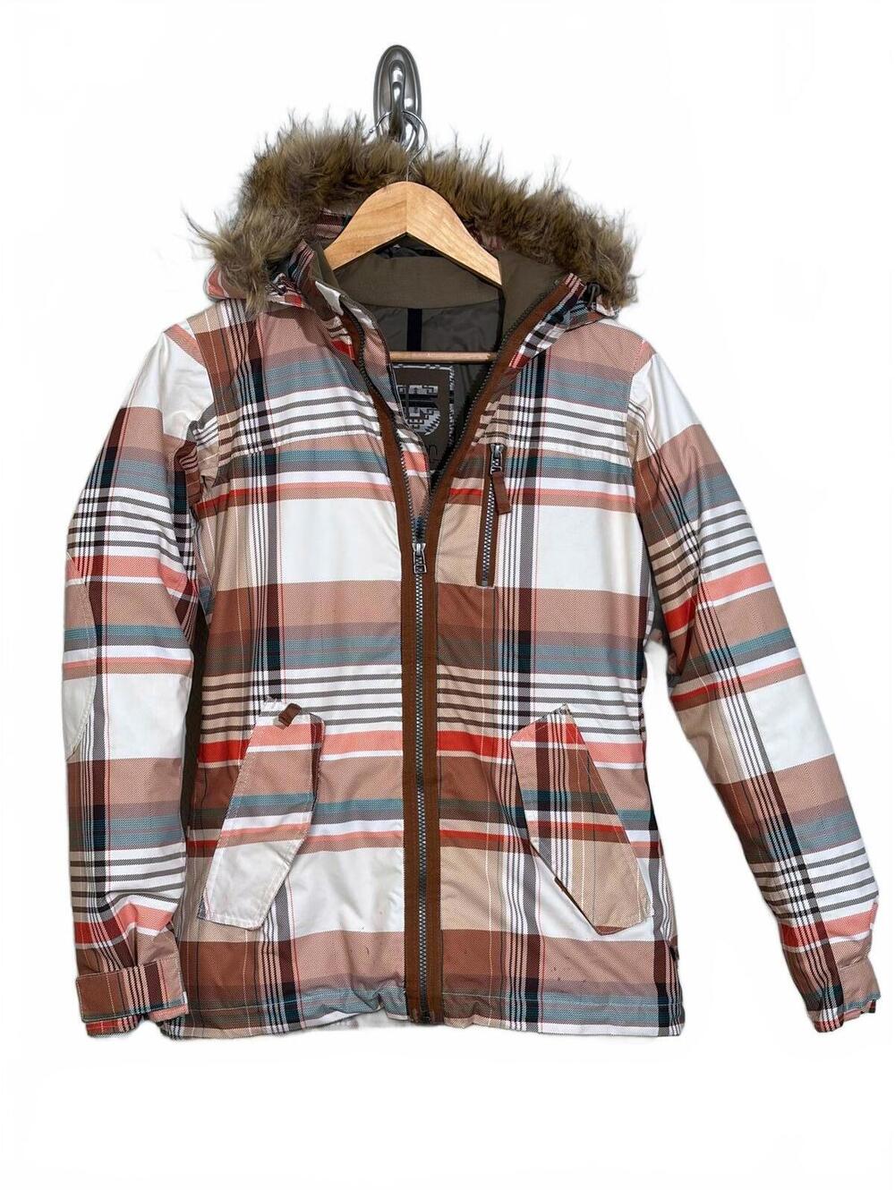 Burton DryRide Snowboard Jacket Womens XS Plaid Insulated Faux Fur Hood